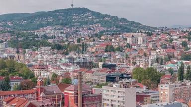 萨拉热窝老城屋顶和山丘上的房屋的鸟瞰图，萨拉热窝，波斯尼亚和黑塞哥维那