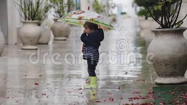 一个穿着橡胶靴的孩子在雨中手里<strong>拿着喇叭</strong>走路