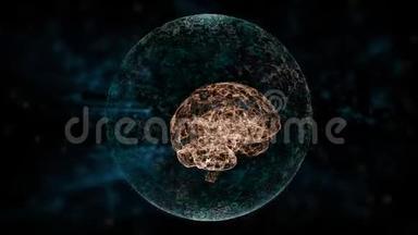 知识产权概念。 动画大脑漂浮在保护球体内，黑暗背景上，绿色模糊