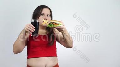 胖女人闭着嘴拒绝高热量食物的肖像。 饮食。