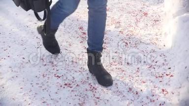 一个女人在城市<strong>冬季</strong>公园散步。雪中的<strong>红色</strong>浆果，山灰，山楂。慢动作。
