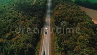 无人机在古老的森林道路上飞行，汽车在移动，茂密的<strong>树林</strong>的<strong>绿树</strong>在两边生长。