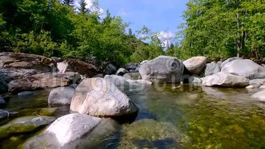 翡翠池小瀑布变成清澈的流水，在碧蓝的天空下激起涟漪，周围是绿松树
