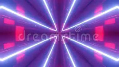 带有蓝色紫色霓虹灯的科幻隧道变压器。 4k循环抽象高科技隧道。 镜头掠过