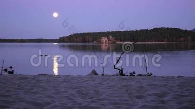 浪漫的满月之夜在湖边，平静的水位与月光。 鸭子在湖上游泳