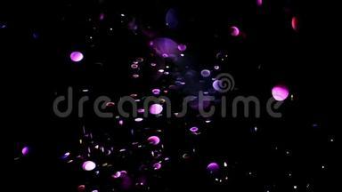 紫色粒子，粒子的随机运动.. 在愉快的放松背景下。 闪烁粒子与波克在