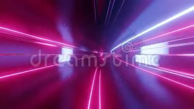 带霓虹灯的4k环形抽象高<strong>科技</strong>隧<strong>道</strong>，摄像机飞过隧<strong>道</strong>，紫色霓虹灯闪烁。 科幻小说