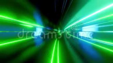 带有霓虹<strong>灯</strong>的4k环形抽象高科技隧道，摄像机穿过隧道，蓝色绿色霓虹<strong>灯闪烁</strong>。 Sci