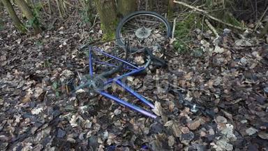 在<strong>树下</strong>的森林里丢弃的自行车