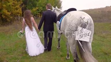 刚结婚的新娘和新郎。 未婚妻和未婚夫牵着手走。 领头的马。 关门