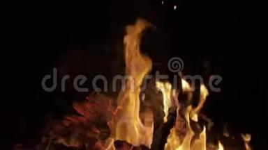 篝火在夜间燃烧树木.. 篝火熊熊燃烧，热，光，露营，篝火熊熊燃烧，篝火熊熊燃烧