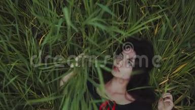 从上面可以看到一个美丽的长发黑发女孩躺在绿色的高草中，抚摸着，抚摸着