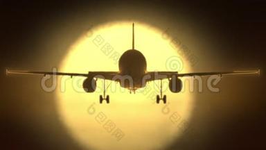 黄色太阳背景的飞行客机剪影