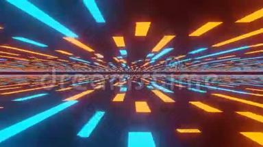 摘要蓝橙色霓虹灯激光快速缩放黑空间为未来技术动画效果背景
