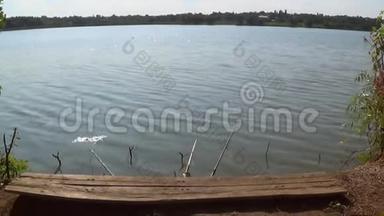 一个渔夫钓了一根鱼竿，钓到一条鱼，在炎热的夏日，在池塘的岸边钓上鱼