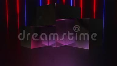 计算机产生了一个基座和一个带有霓虹灯线的展示台。 3D渲染现代背景