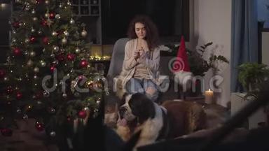 漂亮的白种人女人坐在舒适的扶手椅上，壁炉、圣诞树和编织。 大人物