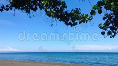 热带渔海滩空气的蓝晴日景象，在鲍西亚树或黄<strong>杨树</strong>下