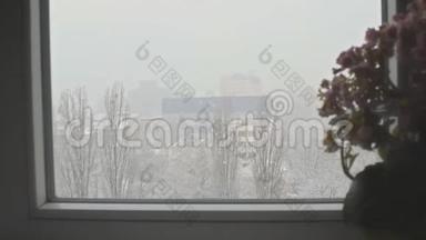 <strong>一座</strong>城市公寓的窗户外意外的降雪。