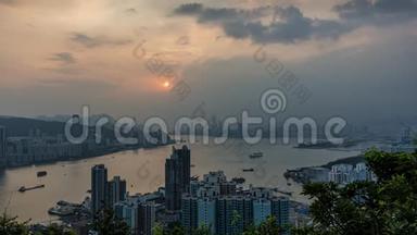 香港维多利亚港的鸟瞰日落