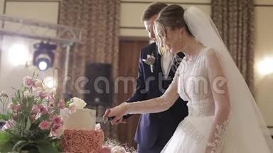 新娘和新郎正在切婚礼蛋糕。 新婚夫妇切块蛋糕