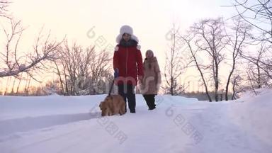 冬天，女孩们在<strong>雪地森林</strong>里和狗一起旅行和玩耍。 冬天，孩子们在<strong>雪地</strong>里和狗玩。 幸福家庭