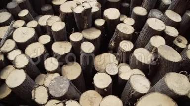 木<strong>头</strong>大<strong>堆</strong>的剪树干，圆木.. 大的砍伐，切碎和锯成的树干储存在木材<strong>堆</strong>场。 森林