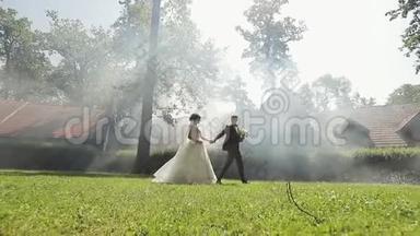可爱的年轻白种人新娘和新郎在公园里散步。 新婚夫妇。 家庭幸福。 新婚夫妇。 男子和妇女