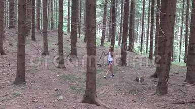 森林中的儿童散步，山区的儿童，露营冒险中的女孩