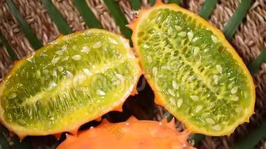 旋转背景上吹捧的非洲角瓜。 上景。 异国奇瓦诺瓜果实，热带棕榈枝.. 素食主义者