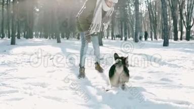 快乐的女人，戴着羊毛帽和长长的温暖围巾，抱着她的宠物，在寒冷的阳光明媚的日子在下雪的冬天公园拥抱她的宠物。 开心快乐