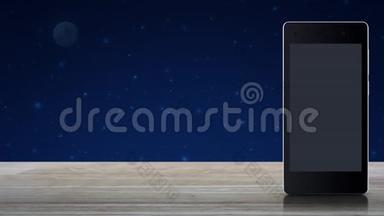 下载现代智能<strong>手机屏幕</strong>上的平板图标，放在木制桌子上，放在梦幻夜空和月亮上，科技在线