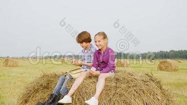 十几岁的<strong>男孩</strong>和女孩坐在乡间的干草堆上。 无忧无虑的<strong>男孩</strong>和女孩在干草堆上<strong>看书</strong>
