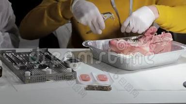 牙医用一种工具在猪的下巴`拔出一颗牙齿。 牙医用一只猪的模型测试他的牙医技能
