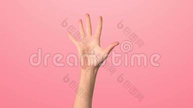 一个女人的手`粉红色的背景上从五到一。 紧紧抓住一个年轻女孩`她的手在数时间