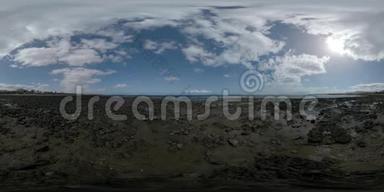 360VR海洋海岸场景与瑞安<strong>航空飞机</strong>下降，兰萨罗特