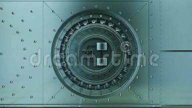 圆形Vault<strong>金属门打开</strong>缓慢与锁定机构旋转。 漂亮的3D动画安全<strong>门</strong>与阿尔法面具
