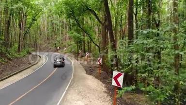两辆迎面<strong>而来</strong>的汽车在茂密的丛林森林中沿着一条狭窄的沥青路行驶。 菲律宾博霍人工森林
