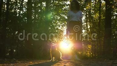 女孩用皮带抱着猫，关上阳光穿透树木
