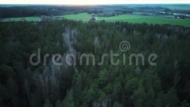 Tervete自然公园森林木观塔日升空中景观。