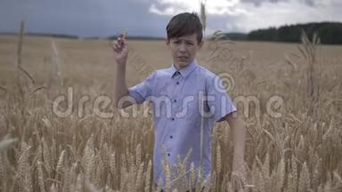 有趣的淘气男孩在镜头前扔<strong>麦子</strong>