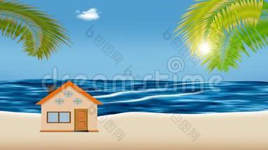 卡通动画的热带岛屿与可爱的房子和棕榈树。 远处是一片波涛汹涌的大海，阳光普照