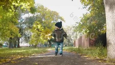 <strong>秋天</strong>公园里快乐<strong>的</strong>小男孩。 小孩子在秋步上玩耍。 <strong>秋天的</strong>树，有<strong>金色的</strong>叶子。
