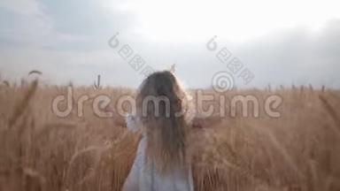 小女孩在收获季节的蓝天背景下，在成熟的麦田里奔跑