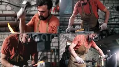 一个人的铁匠在锻造厂工作。