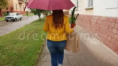 一个带着雨伞的女孩带着一棵植物在城市里走来走去