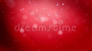 装饰3d雪花在空气中缓慢运动，夜间在红色背景下飞行。 作为圣诞动画使用，新年