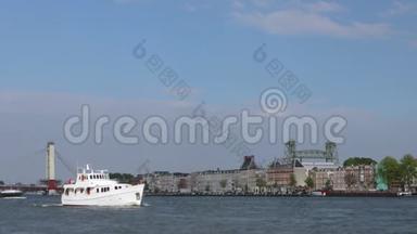 <strong>总览</strong>鹿特丹城市景观和伊拉斯谟桥与移动船。 4K页3在1。