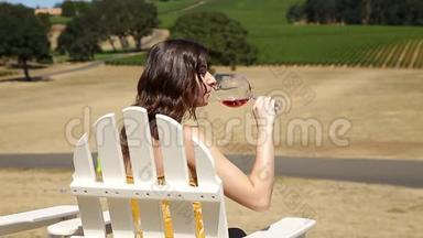 一位漂亮的酿酒<strong>厂里</strong>漂亮的年轻黑发女人坐着，随意地啜饮着一杯皮诺酒。