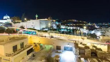 耶路撒冷夜间时间推移与阿克萨清真寺和橄榄山超移